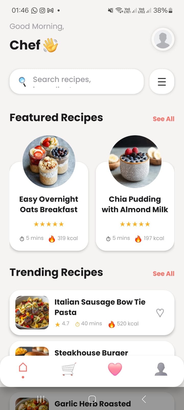 Écran d'accueil de l'application MRrecette avec filtre par catégorie de recettes