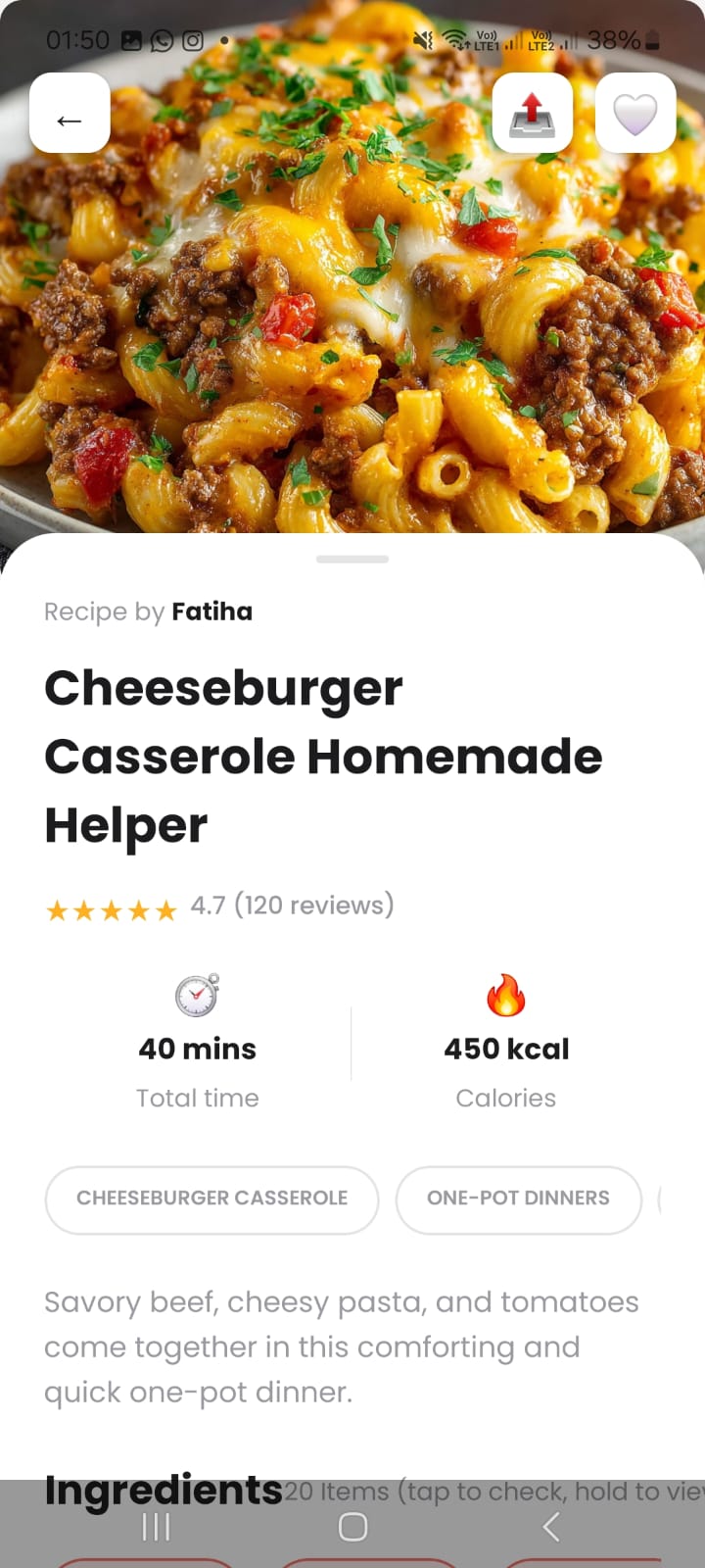 Écran de détail de recette de l'application mobile MRrecette avec listes d'ingrédients interactives